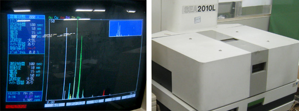 【貴金属分析機】分析機に金属を入れると数秒間で含まれる金属の素材を分析する事ができます。左のパソコンには金・銀・プラチナなどの含有率が数値とグラフに表示され、成分に間違いがないかチェックが行われています。